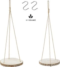 Set Van 2 Boomstam Rond Wandrek Plantenhangers - Boho Jute Houten Plantenrek - Hangpot Voor Binnen/Buiten - Hangende Bloempot Plank - Hangplant Houder - Bohemian Macrame Stijl Wandhanger - Hangplank Plant Hanger - Planthanger - Ø Rond 25-20cm -Gardena Winkel 1073x1200