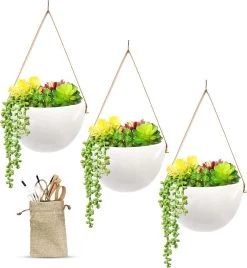 Plantenhanger Keramiek – Set Van 3 – Wit Steen- Hangpot – Hangende Bloempot Plantenpot - 3 Verschillende Koorden - 18 X 11 X 7 Cm -Gardena Winkel 1106x1200 5