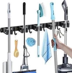 BOTC Bezemhouder - 5 Houders 6 Haken - Gereedschapshouder - Zeflklevend - Bezem Ophangsysteem - Ophanghaken - Tuingereedschap