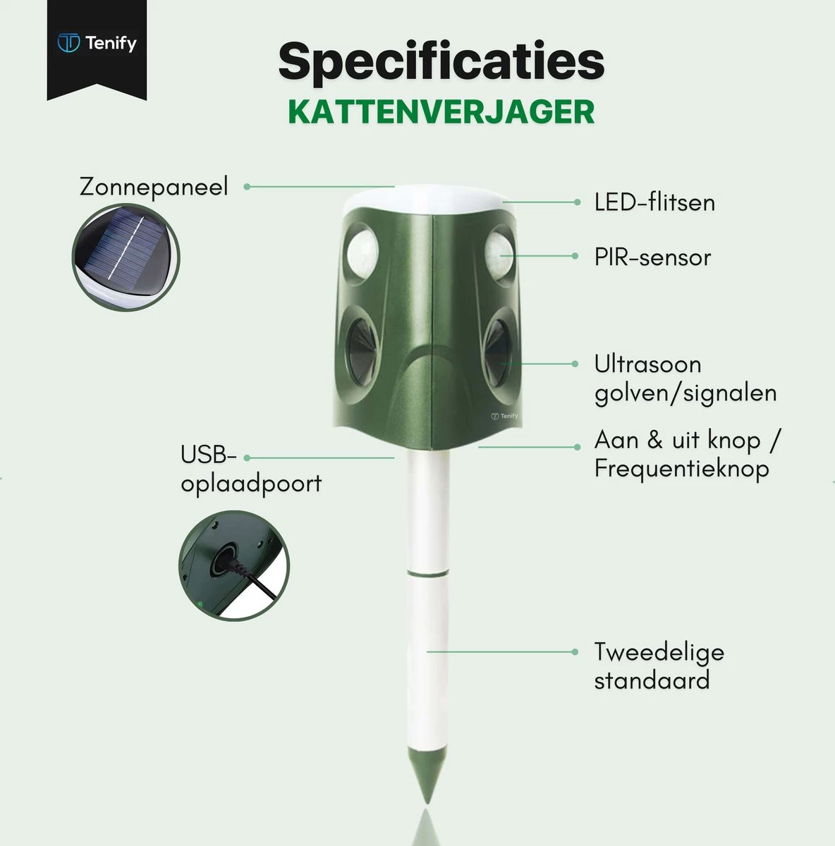 Tenify Ultrasone Kattenverjager - Groot Bereik - 360 Graden - Op Zonneenergie - USB Oplaadbaar - Kattenschrik - Afweermiddel - Ongedierte - Vogel - Dieren - Muizen - Ratten Verjager 4 Tenify Ultrasone Kattenverjager - Groot Bereik - 360 Graden - Op Zonneenergie - USB Oplaadbaar - Kattenschrik - Afweermiddel - Ongedierte - Vogel - Dieren - Muizen - Ratten Verjager - Afbeelding 4
