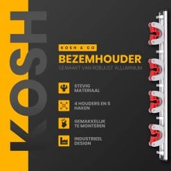 Merkloos Stevige Bezemhouder - Aluminium - Ophangsysteem Bezem - 5 Haken & 4 Houders - Gereedschaphouder - Opbergsysteem -Gardena Winkel 1198x1200 6