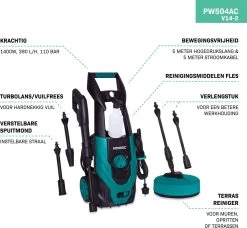 VONROC Hogedrukreiniger V14-2 - 1400W – 110 Bar – 390 L/h – Incl. 5m Slang, Reinigingsmiddelen Flesje, Terrasreiniger En Meer -Gardena Winkel 1200x1110