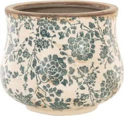Clayre & Eef Bloempot Ø 15x13 Cm Beige Groen Keramiek Rond Bloemen Bloempot Binnen Plantenpot Plant Pot