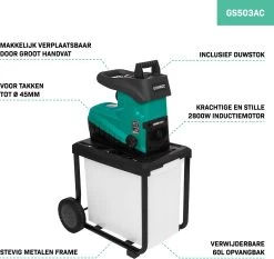 VONROC Stille Hakselaar/Shredder 2800W – Voor Takken Tot Ø45mm – Incl. 60L Opvangbak & Duwstok -Gardena Winkel 1200x1134