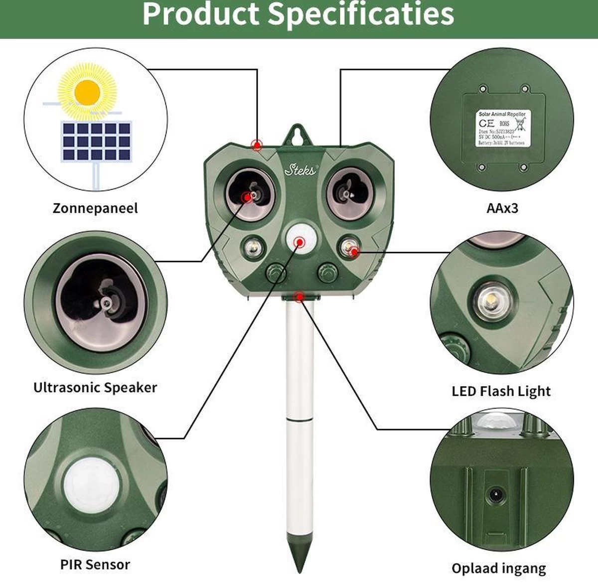 Steks® Ultrasone Kattenverjager - Kattenschrik - Katten Afweermiddel - Zonneenergie - Marterverjager - Op Batterijen - Met Adapter - Tuin - Ongedierte Verjager 8 Steks® Ultrasone Kattenverjager - Kattenschrik - Katten Afweermiddel - Zonneenergie - Marterverjager - Op Batterijen - Met Adapter - Tuin - Ongedierte Verjager - Afbeelding 8