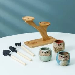 Luxe Bamboe Houten Boom Met 3 Keramiek Uil Bloempotten/Plantenpotten Op Standaard/Voet Voor Binnen En Buiten - Modern Design Bloempot/Plantenpot Op Poten/Pootjes-Plantenbak Mini Cactus Nep Plant Pot Houder - Kleine Bloembakken Plantenrek/Plantenkurk -Gardena Winkel 1200x1200 1991