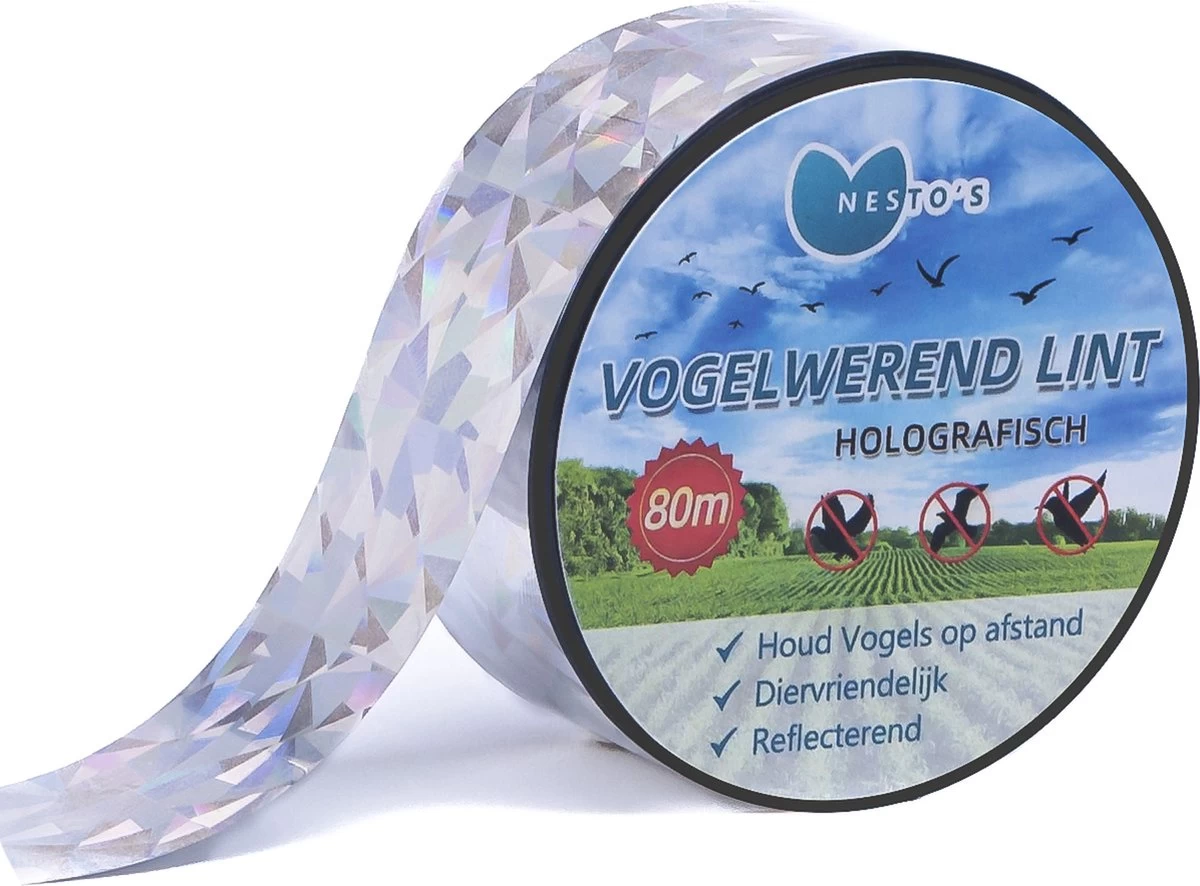 Nesto’s® Professionele Vogel Afschrik Lint - 80 Meter - Holografische Vogelverschrikker Voor Duiven - Diervriendelijke Vogelverjager - Vogel Afschrik Lint - Duivenverjager - Anti Vogels - Afschriktape - Reigerverjager - Reigerverschrikker 1 Nesto’s® Professionele Vogel Afschrik Lint - 80 Meter - Holografische Vogelverschrikker Voor Duiven - Diervriendelijke Vogelverjager - Vogel Afschrik Lint - Duivenverjager - Anti Vogels - Afschriktape - Reigerverjager - Reigerverschrikker