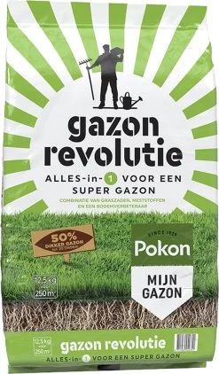 Pokon Gazon Revolutie - 12,5kg - Gazonmest / Graszaad / Bodemverbeteraar - Geschikt Voor 250m² - Binnen 15 Dagen Resultaat -Gardena Winkel 702x1200 1