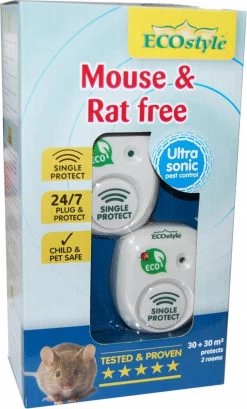 ECOstyle Mouse & Rat Free Tegen Muizen En Ratten - Ecologisch, Vriendelijk & Hyienisch - Veilig Voor Kinderen En Huisdieren - 30 + 30 M² - Voor 2 Kamers